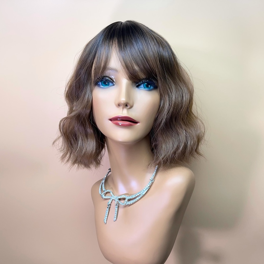 14” Ombre brown water wave bangs synthetic wig